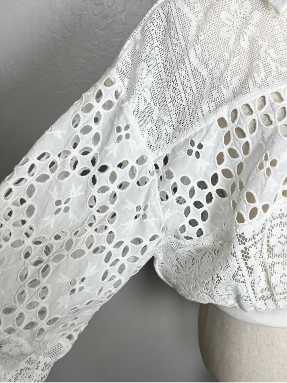 Anthropologie White Eyelet Cropped Button-Front Top